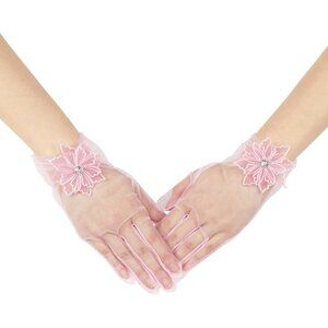 Women's Evening Light Pink Mesh Lace Short Gloves Wedding Bridal Tea Party Prom